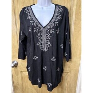 J. Jill Women's PM Petite Medium Black V-Neck Blouse with Embroidery